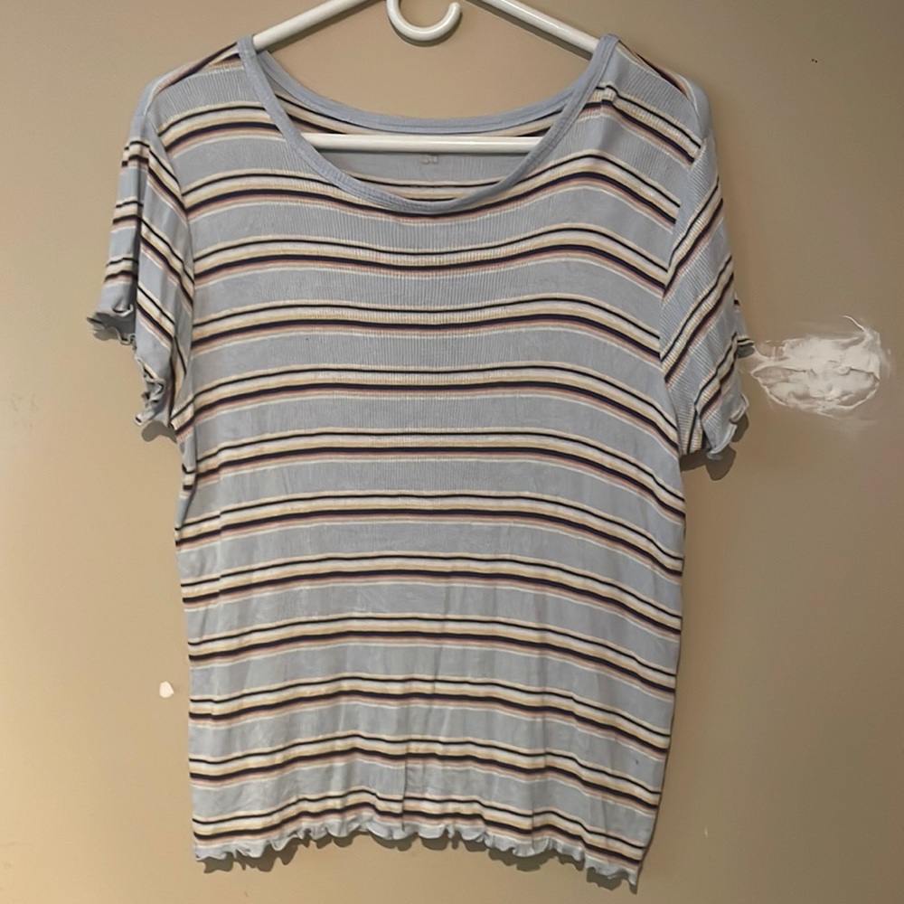 Light blue short sleeve shirt with yellow stripes